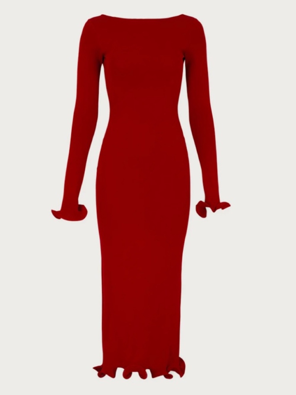 Same Red Ruffle Hem Midi Long Sleeve Dress in XS